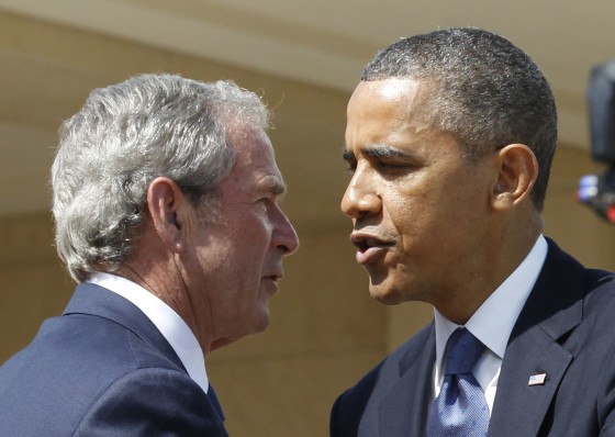 President Barack Obama embraces former President George W. Bush at the dedication ceremony of the George W. Bush Presidential Center in Dallas on April 25.