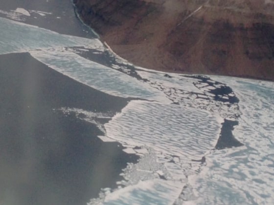 The ice breaking off from the mainland, where a group of campers were stranded in the Canadian arctic for almost two days.