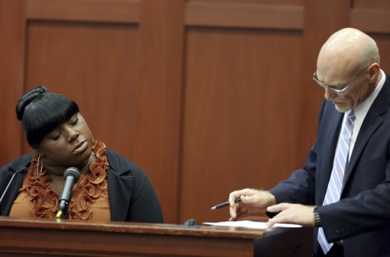 Witness Rachel Jeantel, left, continues her testimony to defense attorney Don West on day 14 of George Zimmerman's trial in Seminole circuit court in Sanford, Fla., on June 27.