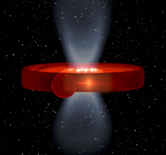 This image is a simulation of the X-ray binary system Swift J1357.2-0933, a black hole and star system, in which the effect of a strange, vertical mystery structure are at their maximum.
