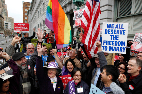 Gay marriage supporters cheer during a rally moments before hearing that Proposition 8 had been overturned outside the Ninth Circuit Courthouse in San Francisco, Calif., on Feb. 7, 2012. A federal court later declined an appeal to revisit California's gay marriage ban in June, clearing the way for the Supreme Court to consider whether the ban violates the U.S. Constitution.