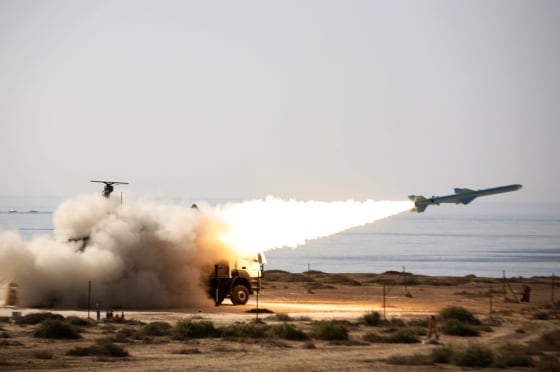 An Iranian long-range shore-to-sea Qader (Capable) missile is launched during Velayat-90 war game on the Sea of Oman near the Strait of Hormuz in southern Iran on Jan. 2, 2012.