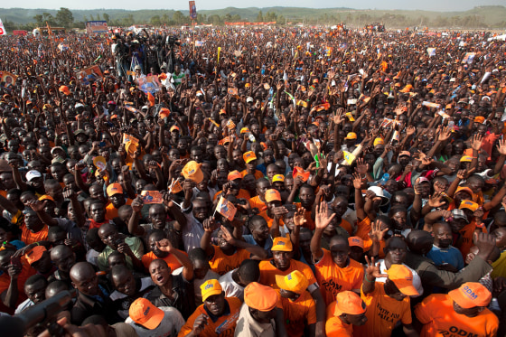 Supporters of Raila Odinga are pictured during a major rally in Kisumu town on March 1, 2013.