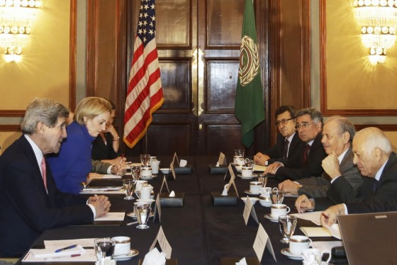 U.S. Secretary of State John Kerry, left, meets with Arab League Secretary General Nabil Elaraby, at far right, in Cairo, Egypt on Saturday, March 2, 2013.