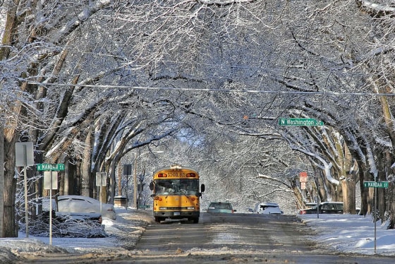 Snow-covered trees form a scenic canopy over Bismarck, N.D., on Monday, March 4, 2013, in the wake of a slow-moving winter storm that passed through the state.