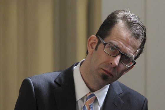 Lamb of God singer Randy Blythe listens to the verdict at the Municipal Court in Prague on Tuesday, March 5.