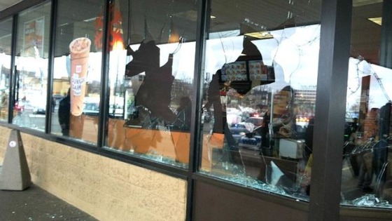Shattered windows at the Dunkin' Donuts on East Main Street in New Britain. According to police, a 63-year-old man smashed them with an ax after being told he couldn't stay in the store.