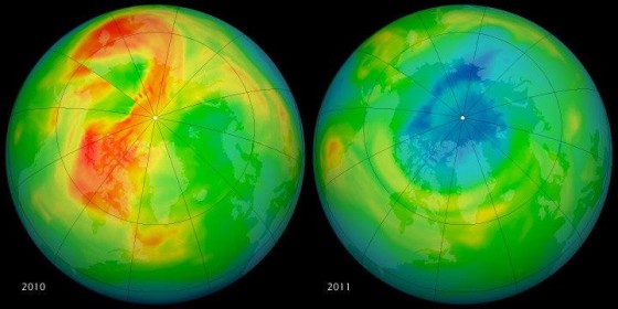 Maps of ozone concentrations over the Arctic on March 19, 2010 (left) and the same day in 2011 (right), measured by the Ozone Monitoring Instrument on NASA's Aura satellite.