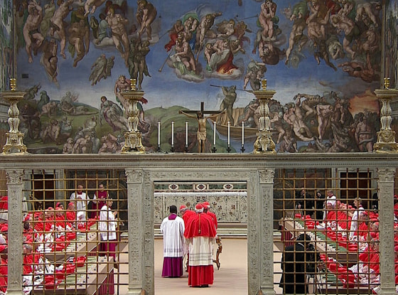Cardinals enter the Sistine Chapel to begin the conclave in order to elect a successor to Pope Benedict, in a still image taken from video at the Vatican March 12. Shut off from the outside world, the 115 cardinals will cast their ballots in a chapel which has Michelangelo's soaring Last Judgment on one wall, and his depiction of the hand of God giving life to Adam above them.