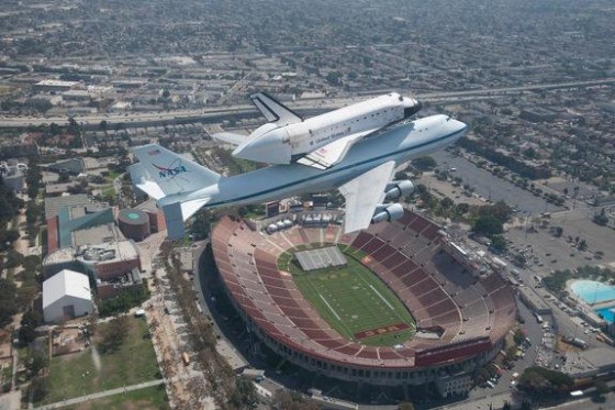 Space shuttle Endeavour flies over its new home at the California Science Center on Sept. 21, 2012. This photo, along with more than 80 others, is part of a new exhibit at the CSC chronicling