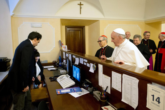 Newly elected Pope Francis, Cardinal Jorge Mario Bergoglio of Argentina, checks out of the church-run residence on March 14, where he had been staying in Rome. Pope Francis returned on Thursday to the Church-run residence where he was staying before becoming pontiff, and insisted on paying the bill, despite now effectively being in charge of the business, the Vatican said.