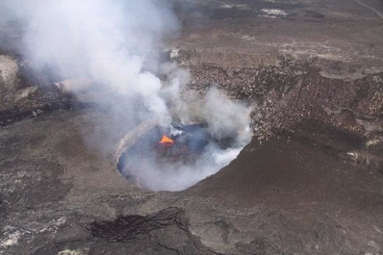 On March 15, south winds permitted clear views into the south portion of Halema'uma'u crater, which is often obscured by thick fumes. The bright orange area is the location where lava at the surface of the lake sinks back into the system.