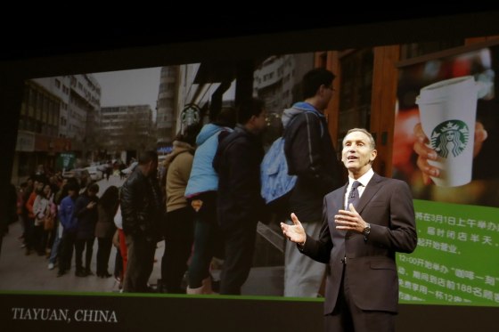 Starbucks CEO Howard Schultz speaks about the company's growth in China at Starbucks' annual shareholders meeting on Wednesday in Seattle, Wash.