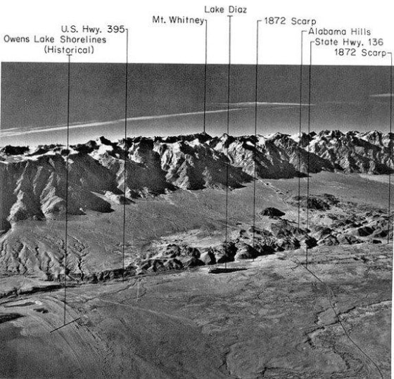 The well-known Owen Valley Fault and the Sierra Nevada Mountains in California.
