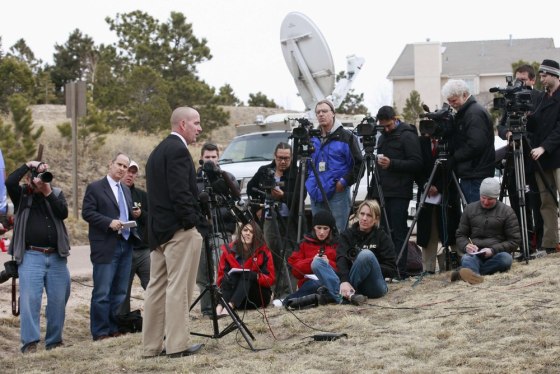 Lieutenant Jeff Kramer, public affairs officer for the El Paso County sheriff's office, briefs reporters on the investigation of the murder of the head of Colorado state's prison system in Monument, Colo., on March 20.