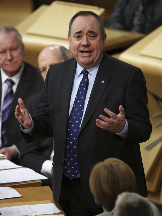 First Minister Alex Salmond answers questions at the Scottish Parliament in Edinburgh, Scotland, on Thursday.