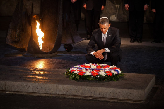 Obama pays his respects in the Hall of Remembrance at Yad Vashem after Marines laid a wreath on his behalf.