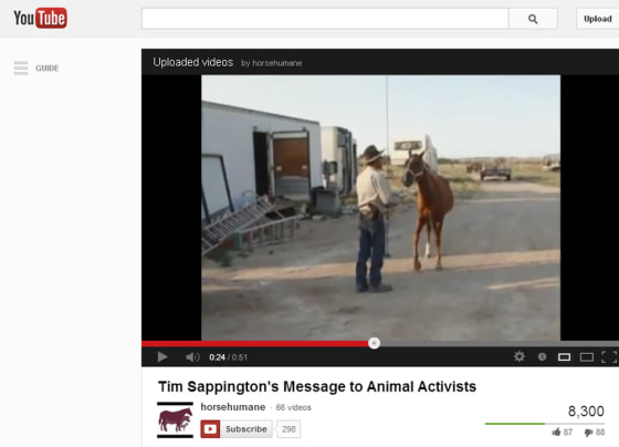YouTube user horsehuman reposted a video they claim was originally posted by Tim Sappington, in which Sappington allegedly shoots and kills a horse.