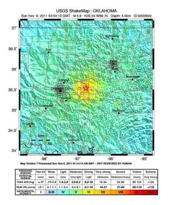 This map shows the shaking intensity from the magnitude 5.6 earthquake that hit Oklahoma on Nov. 6, 2011.