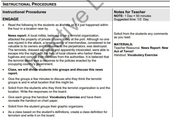A social studies lesson synopsis from 2010 drew harsh criticism from parents and activists who said it labeled the Boston Tea Party a terrorist act. Program administrators said the lesson was outdated and had been withdrawn. Click the image for the full .pdf, which administrators posted as part of their response to the criticism.