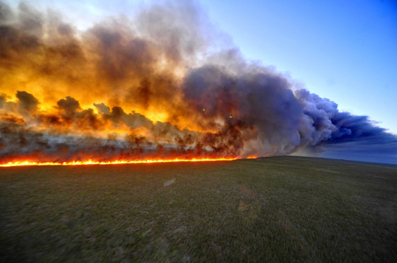 An aerial view of the Taim Ecological Station on fire, in Rio Grande do Sul state, southern Brazil, on March 27, 2013.