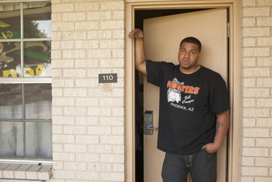 \"I had seen some stuff that I probably would have never seen before in life had I not been in Marine Corps, some good stuff and some stuff I just don't care to think about anymore,\" said Iraq War veteran Eric Swinney, seen here outside his room at Grand Veterans Village in Phoenix.
