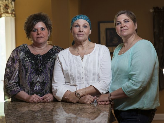 Sisters Cathy Balsamo, left, Patti Broccoli, center, and Cindy Lepore, right, have all tested positive for the BRCA1 genetic mutation that raises the risk of breast and ovarian cancer. All three sisters have had preventive surgery to have their breasts and ovaries removed. Two weeks after her surgery, Broccoli was diagnosed with breast cancer.