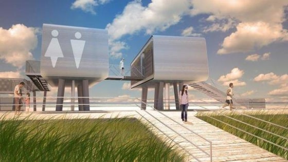 A digital rendering of Garrison Architects' beach comfort station. These modular structures are being installed on New York City beaches that were damaged by Hurricane Sandy.