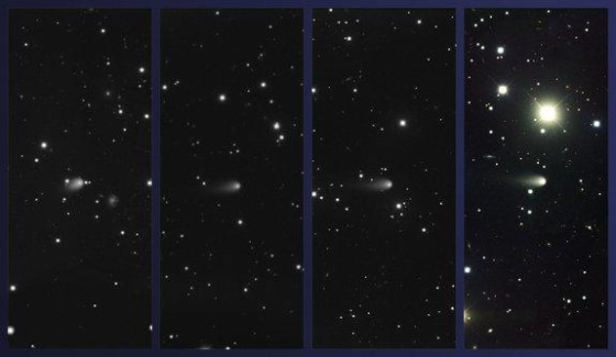 Images of Comet ISON obtained using the Gemini Multi-Object Spectrograph at Gemini North on Feb. 4, March 4, April 3, and May 4, 2013 (left to right, respectively; Comet ISON at center in all images).