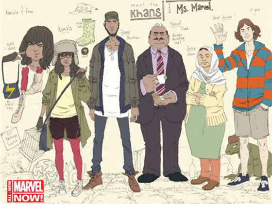 This comic book image released by Marvel Comics shows character Kamala Khan , second left, with her family Aamir, father Yusuf, mother Disha and friend Bruno, from the \"Ms. Marvel\" issue.