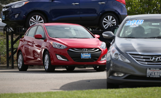 PETALUMA, CA - APRIL 03: A brand new Hyundai Elantra is displayed on the sales lot at Petaluma Hyundai on April 3, 2013 in Petaluma, California. Hyu...