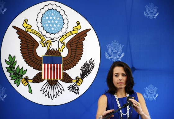 The business manager of the embassy of the United States in Venezuela, Kelly Keiderling, talks during a press conference in Caracas on Oct. 1, 2013.