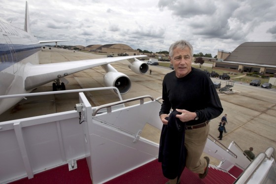 U.S. Secretary of Defense Chuck Hagel boards his plane at Andrews Air Force Base, Md., on Sept. 28 en route to South Korea.
