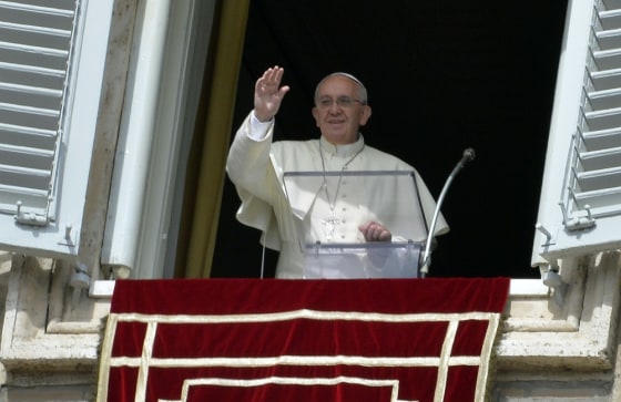 Pope Francis leads the Angelus prayer from the window of his apartments at St. Peter's Square on Oct. 6 at the Vatican.
