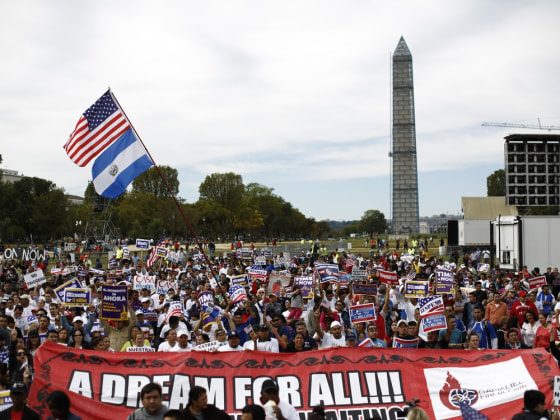 Protesters calling for comprehensive immigration reform gather on the Washington Mall, October 8, 2013.