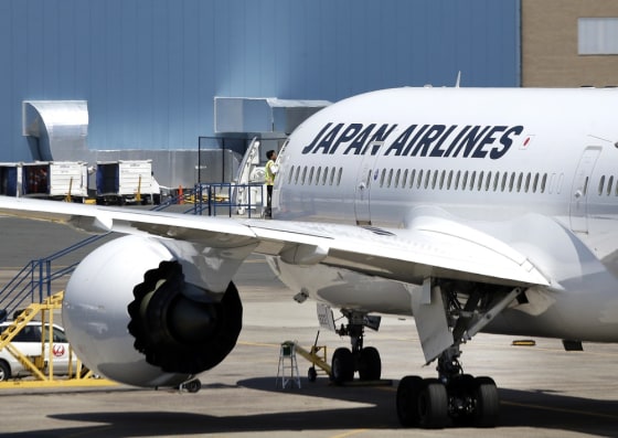 An airport worker enters a Japan Airlines Boeing 787 aircraft as it sits on the tarmac at Terminal E at Logan International Airport in Boston Friday, ...