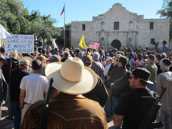 Gun rights advocates gather at the Alamo in San Antonio, Texas, on Oct. 19, to demonstrate in support of a Texas law that permits the open carry of long arms, such as rifles and shotguns.