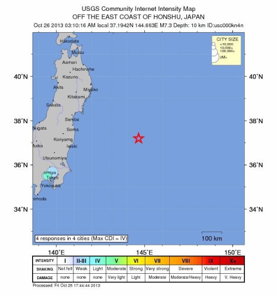 A map of a magnitude-7.3 earthquake which struck 231 miles off the eastern coast of Japan.