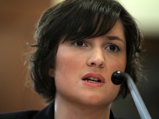Sandra Fluke, a third-year law student at Georgetown University and former president of the Students for Reproductive Justice group there, testifies during a hearing before the House Democratic Steering and Policy Committee February 23, 2012 on Capitol Hill in Washington, DC. Fluke has filed with the Democratic Party of California to run for Congress.