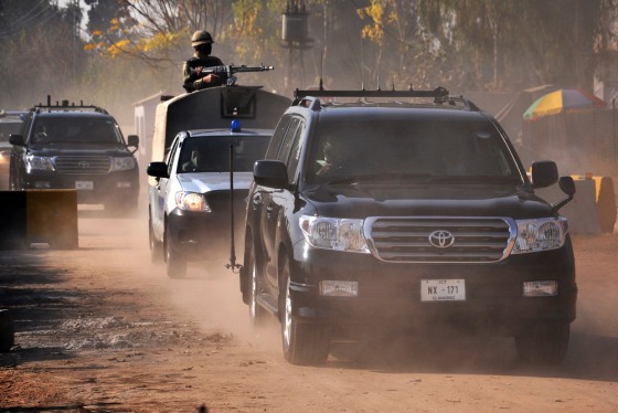 The convoy of Pakistan's former president and military ruler Pervez Musharraf leaves his residence in Islamabad, Pakistan, on Thursday. He was then rushed to the hospital with a