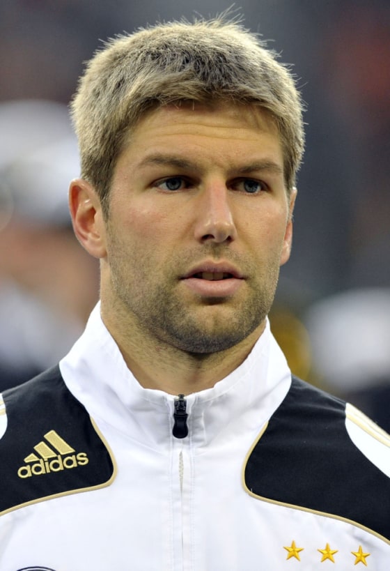 File photo of German national soccer player Thomas Hitzlsperger listening to national anthem before the 2010 World Cup qualification soccer match against Finland in Hamburg in 2009.