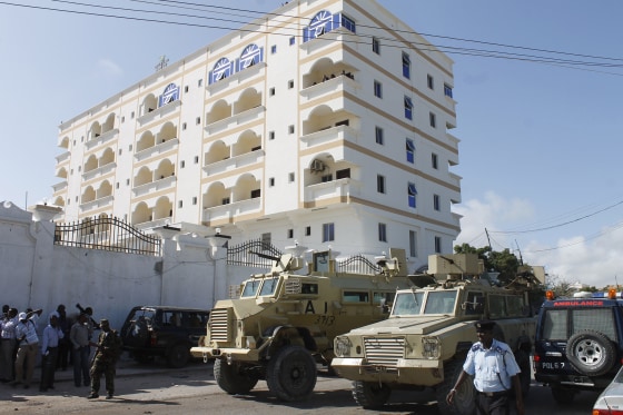 This file picture taken on Sept. 12, 2012 shows the Jazeera hotel in Mogadishu as AMISOM (African Union Mission in Somalia) forces stand guard after a bomb exploded.