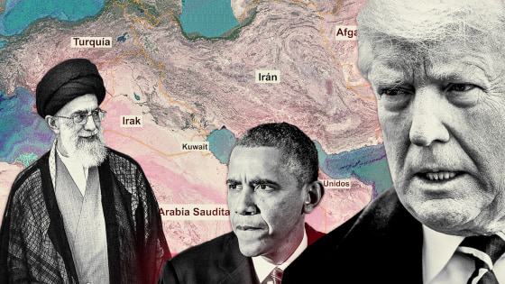 El ayatolá Sayed Ali Khamenei, izq., líder espiritual de Irán; el expresidente de Estados Unidos, Barack Obama, y el actual presidente de EE.UU., Donald Trump. Fotos: Getty Images. Fotoilustración: Juliana Jiménez.