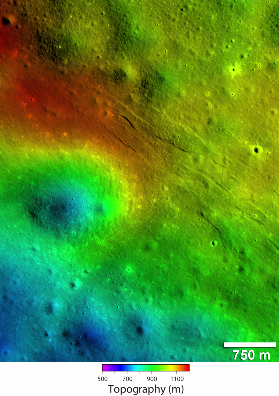 These newly detected narrow linear troughs are known as graben, and they formed in highlands of the moon's far side. Forces acting to pull the lunar crust apart formed the Virtanen graben, informally named for a nearby crater. These graben are located on a rise with several hundred meters of relief revealed in topography derived from Lunar Reconnaissance Orbiter Camera. The rise is flanked by the rim of a 2.5 km diameter degraded crater.