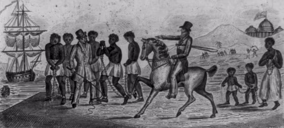 An abolitionist print, possibly engraved in 1830, shows slaves being sold by one trader to another.