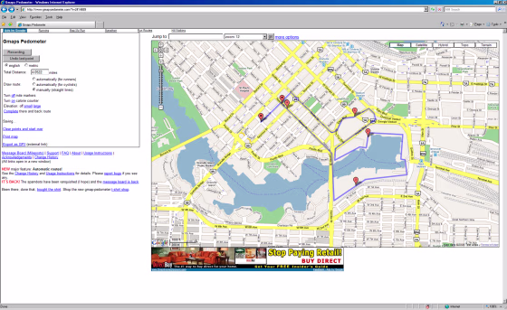 This screen shot shows a jogging route plotted using the online mapping tool Gmap-Pedometer.com.