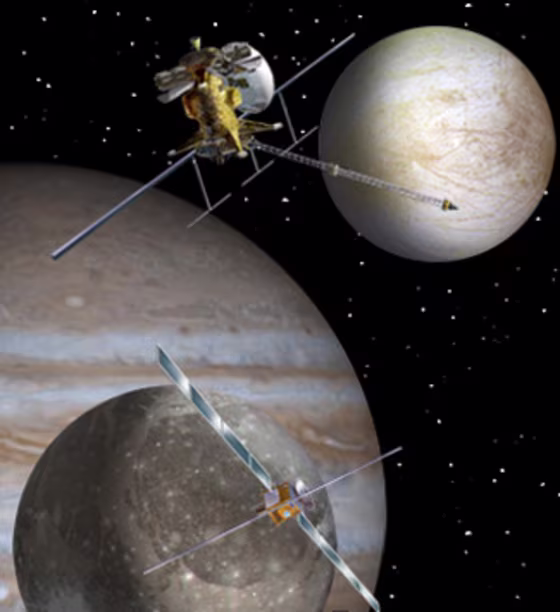 An artist concept of proposed mission to the Jupiter system, the Europa Jupiter System Mission could launch in 2020. Credit: NASA.
