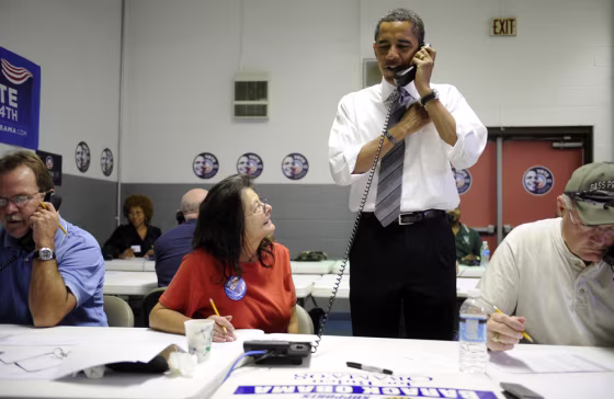 Image: US Democratic presidential candidate Illinois Senator Barack Obama on the phone.