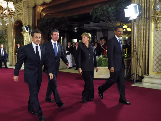 From left, French President Nicolas Sarkozy, Danish Premier Anders Fogh Rasmussen, German Chancellor Angela Merkel and U.S. President Barack Obama walk to a NATO working dinner in Baden-Baden, Germany,&nbsp;on Friday.