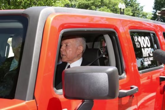 Sen. Orrin Hatch test drives the Electric Hummer H3 Wednesday around Capitol Hill.